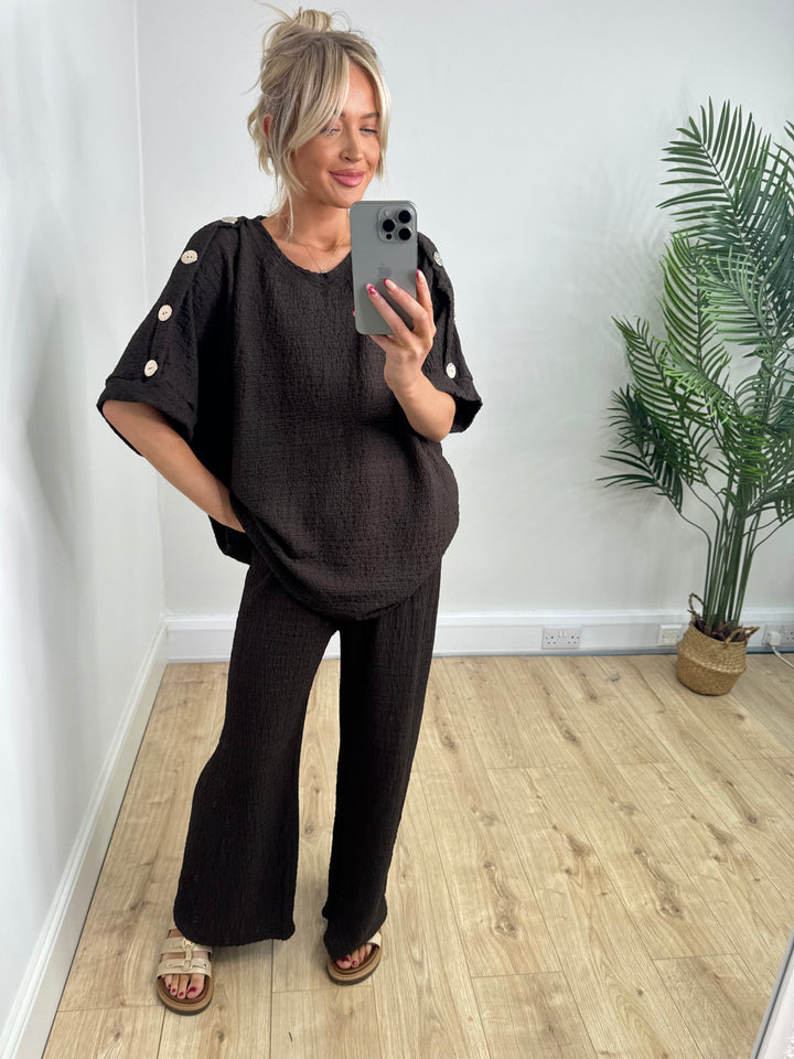 Plisse Gold Button Co-Ord - Chocolate