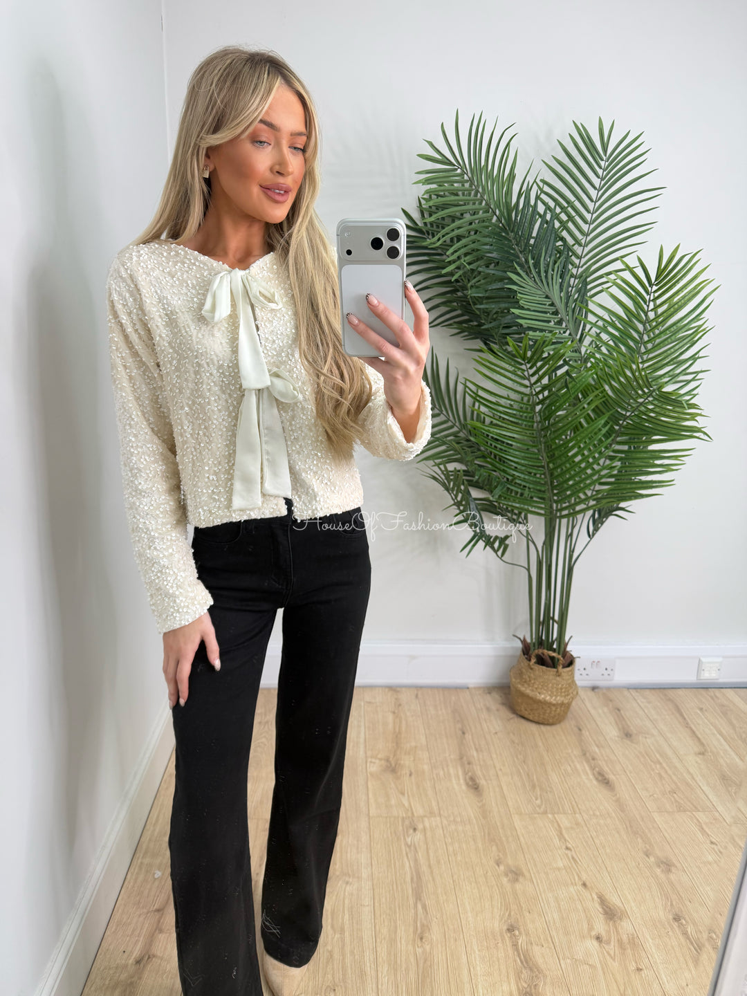 Sequin Bow Top - Cream