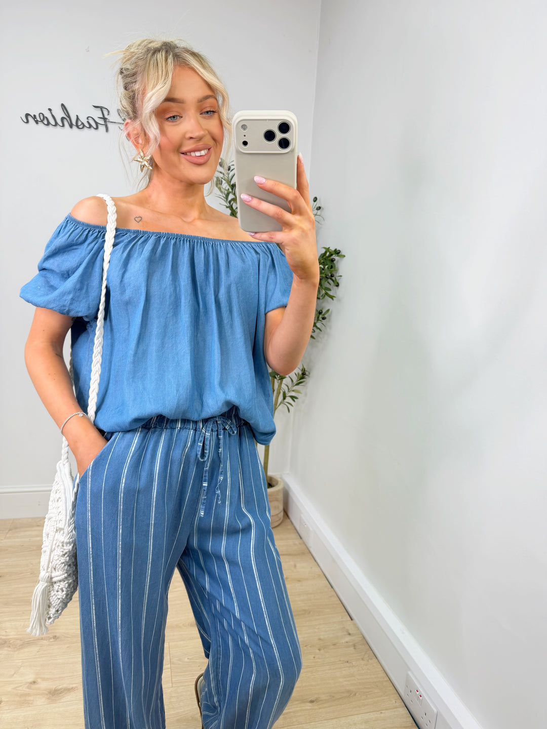 Chambray Bardot Top - Dark Wash