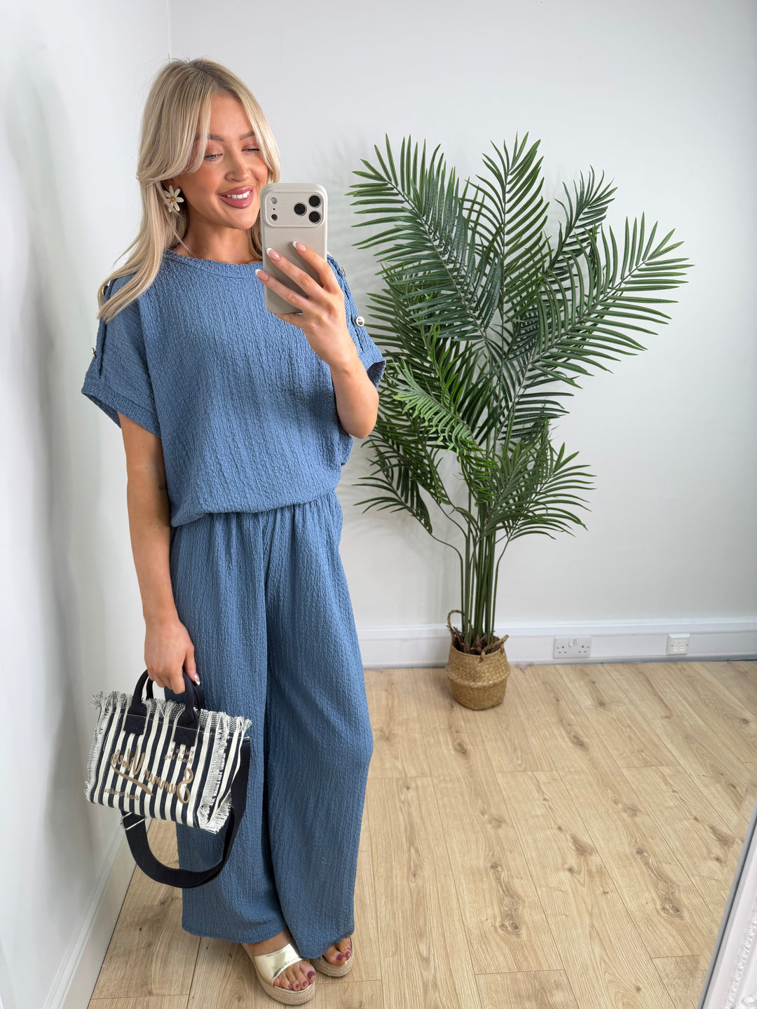 Crinkle Gold Button Two Piece - Denim