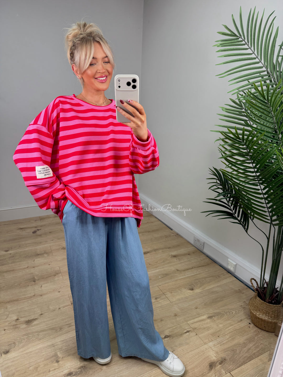 Alexa Slogan Stripey Sweatshirt - Pink & Red PREORDER