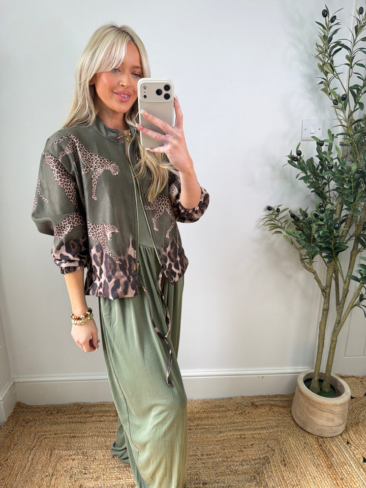 Louanna Leopard Suede Bomber - Khaki