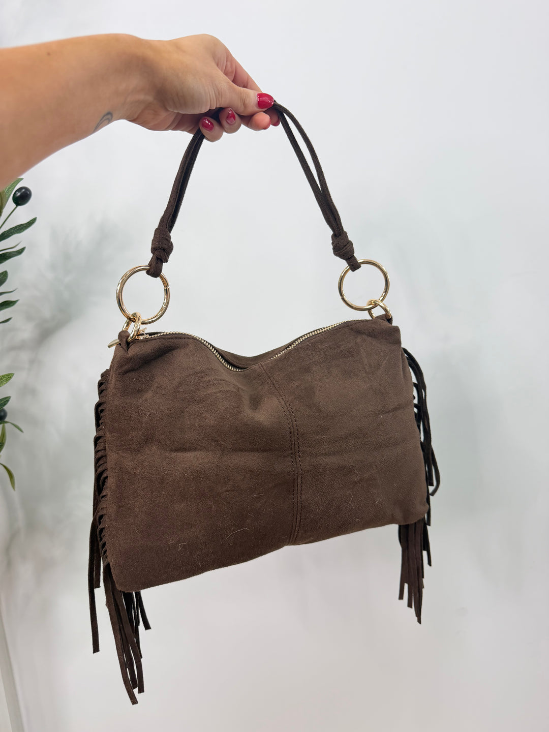 Faux Suede Tassel Bag - Chocolate
