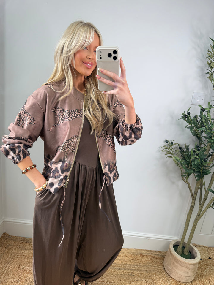 Louanna Leopard Suede Bomber - Chocolate