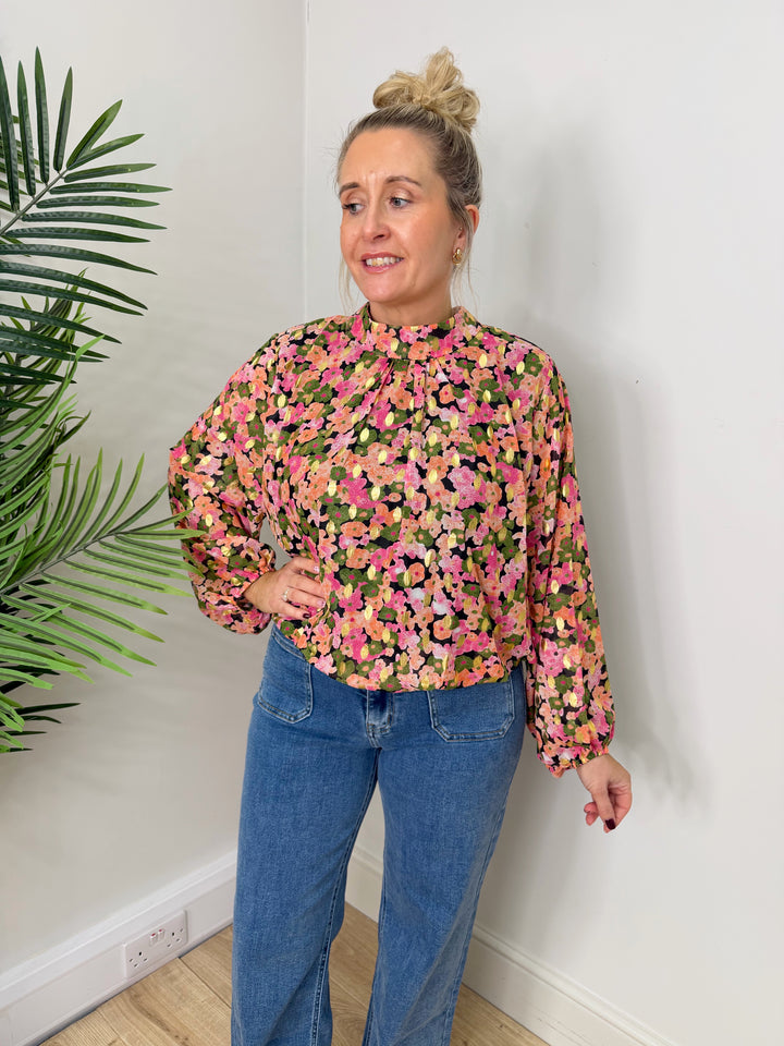 Gina Bubble Hem Top - Pink Flower