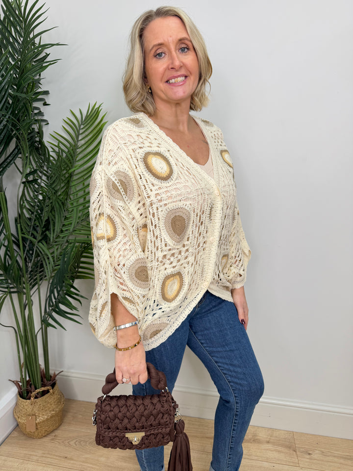 Venice Crochet Cardigan - Mocha & Beige