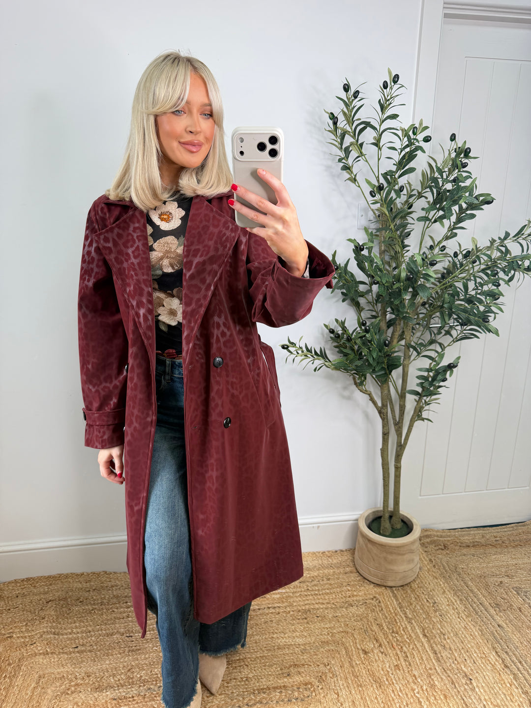 Marsha Leopard Matte Coated Trench - Wine