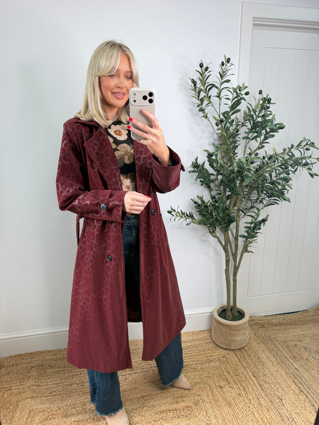 Marsha Leopard Matte Coated Trench - Wine