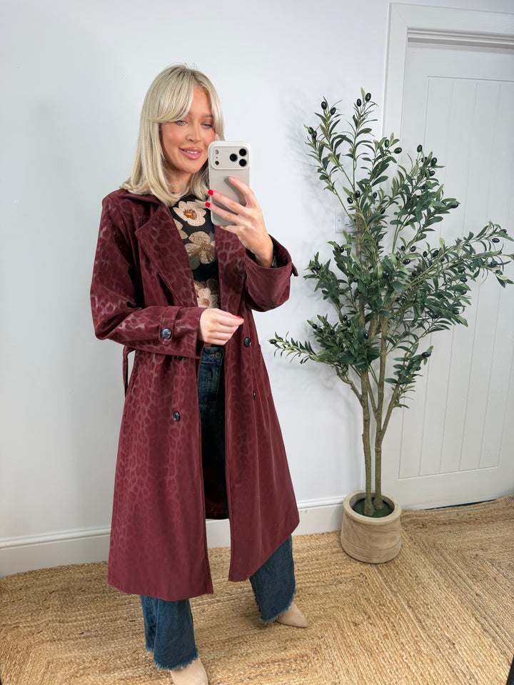 Marsha Leopard Matte Coated Trench - Wine