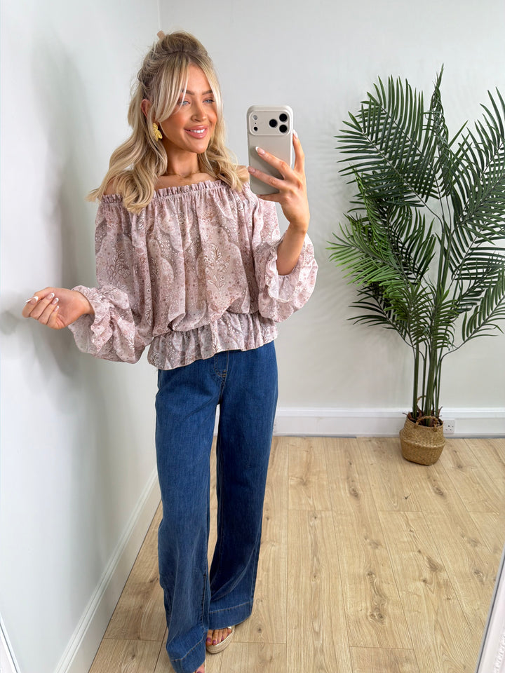 Paisley Bardot Top - Pinky Mauve
