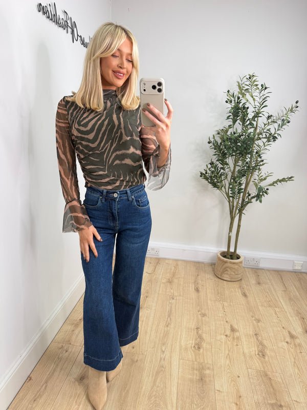 Jalo Ruched Mesh Top - Khaki & Cream