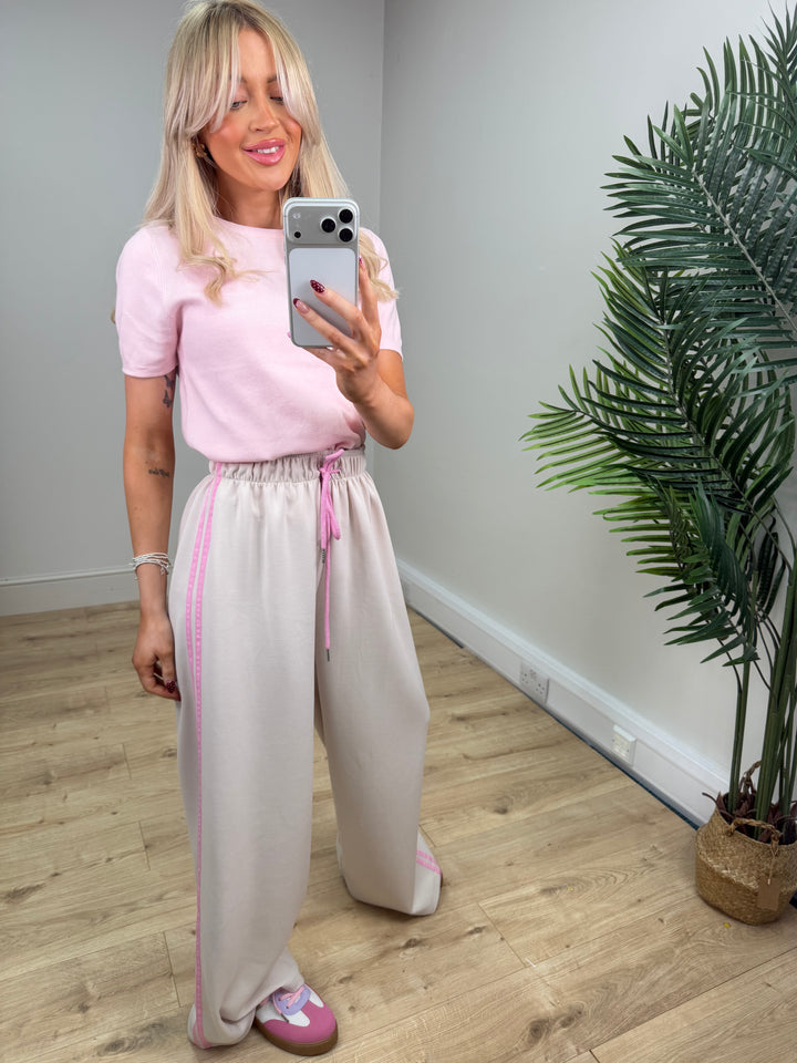 Two Stripe Joggers - Cream & Pink