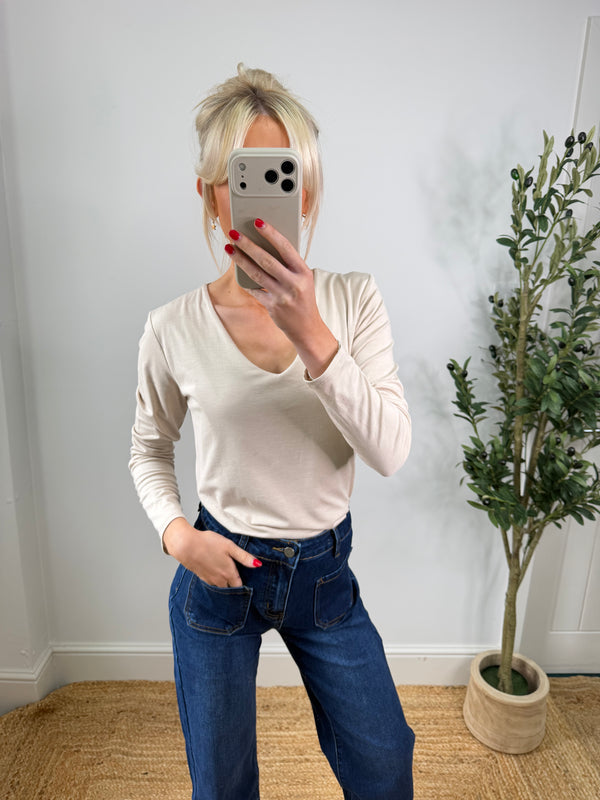 V Neck Double Layer Top  - Cream