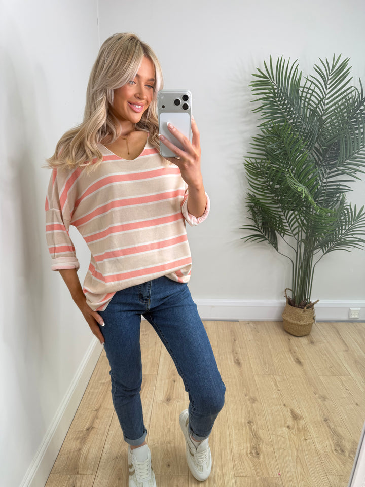 Summer Stripes Top - Coral & Beige