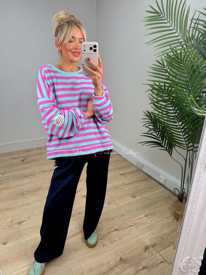 Alexa Slogan Stripey Sweatshirt - Mint & Fuchsia PREORDER