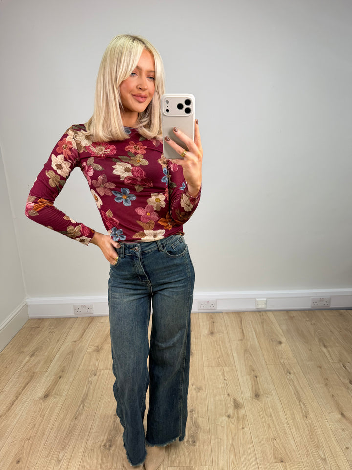 Cashmere Blend Top - Wine Floral