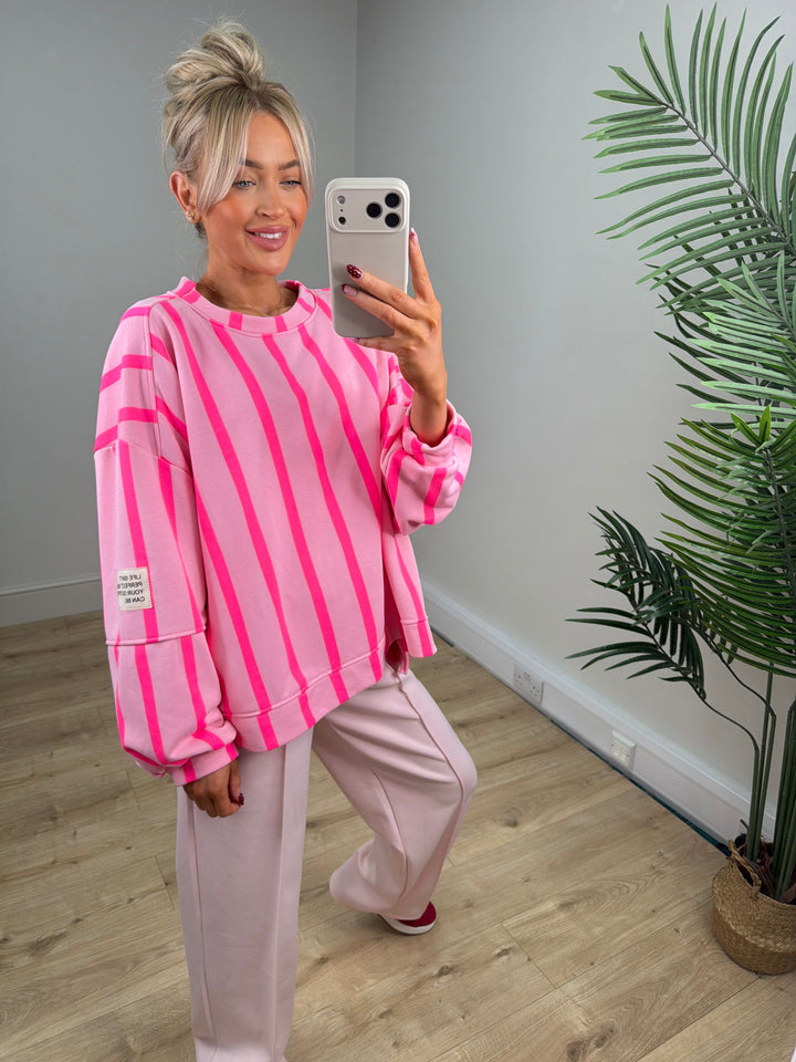 Alexa Slogan Stripey Sweatshirt - Baby Pink & Hot Pink