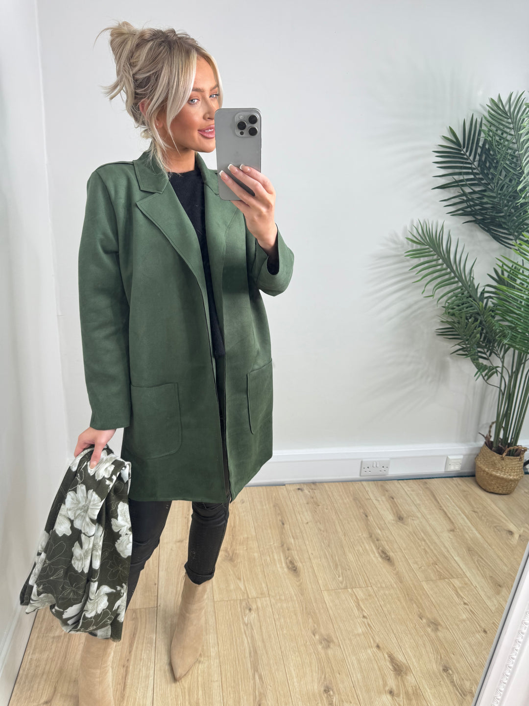 Leia Suede Longline Jacket - Khaki