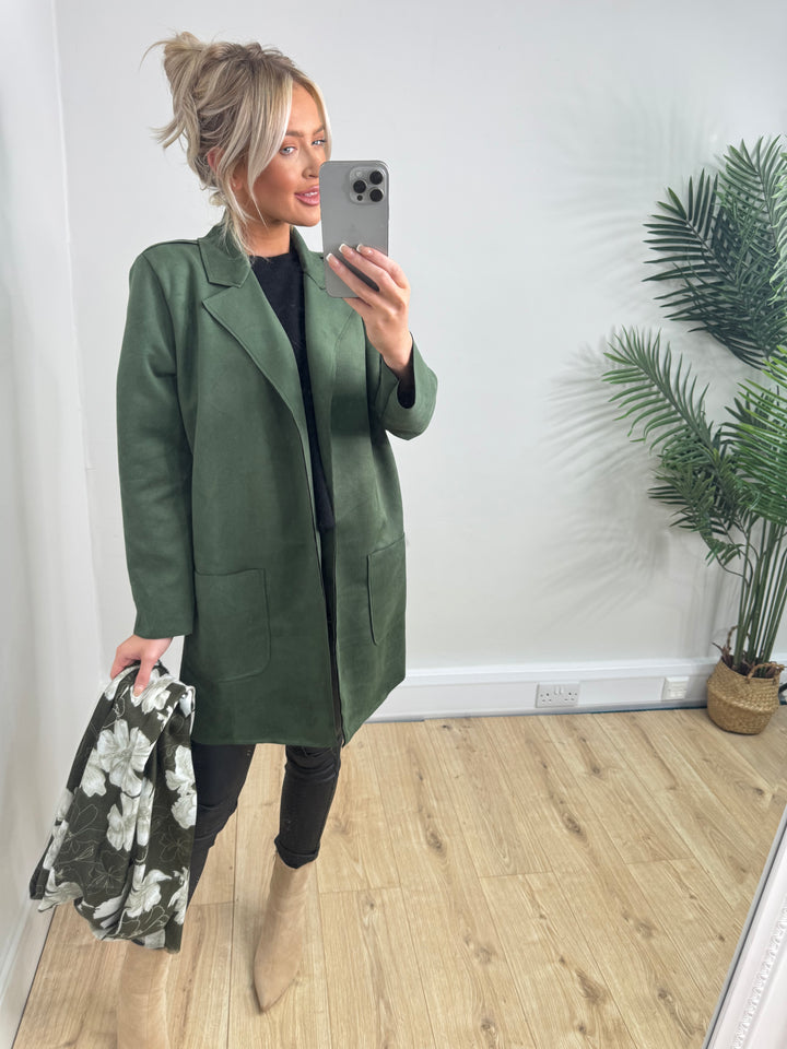Leia Suede Longline Jacket - Khaki