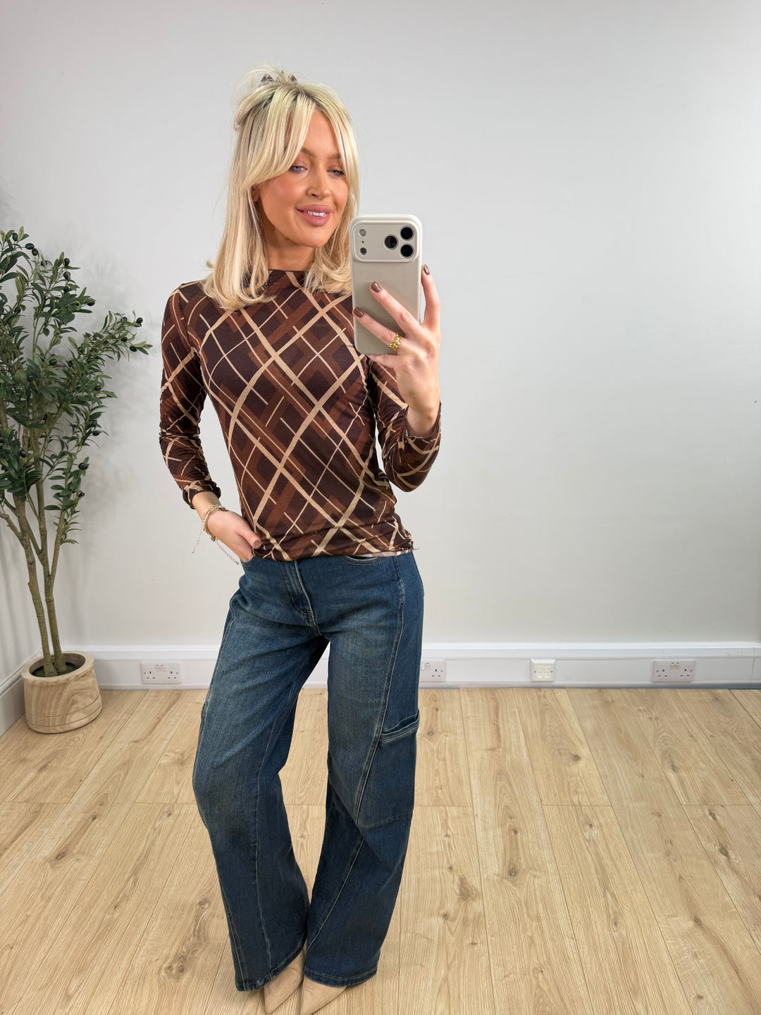 Cashmere Blend Top - Chocolate Plaid