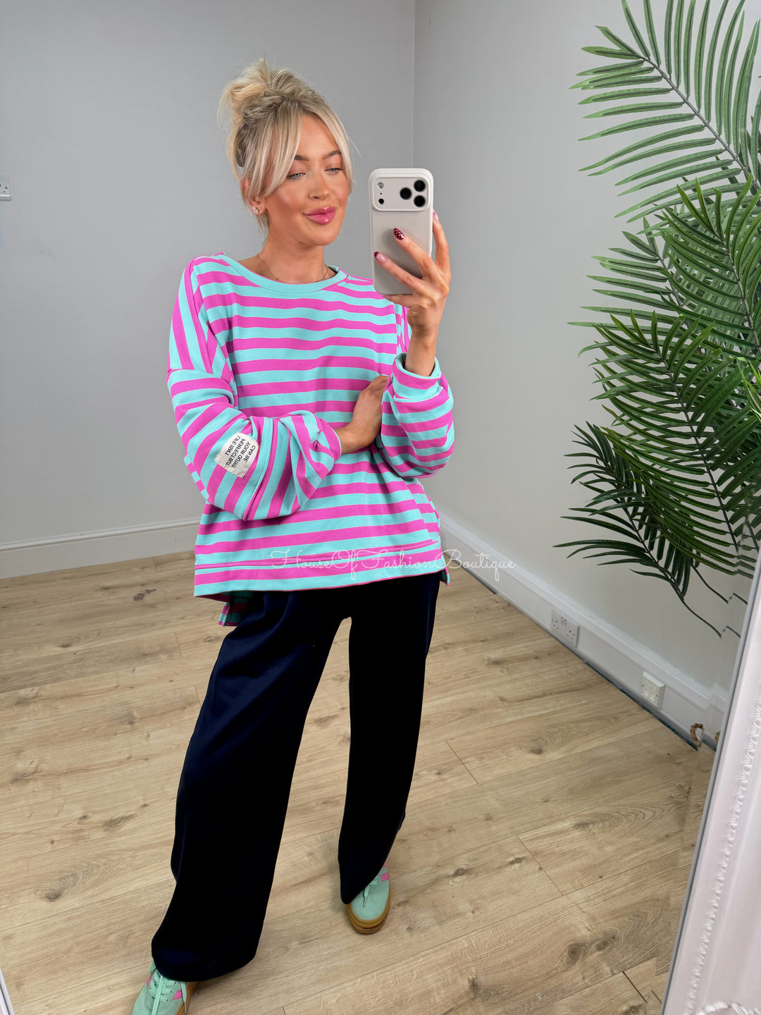 Alexa Slogan Stripey Sweatshirt - Mint & Fuchsia PREORDER