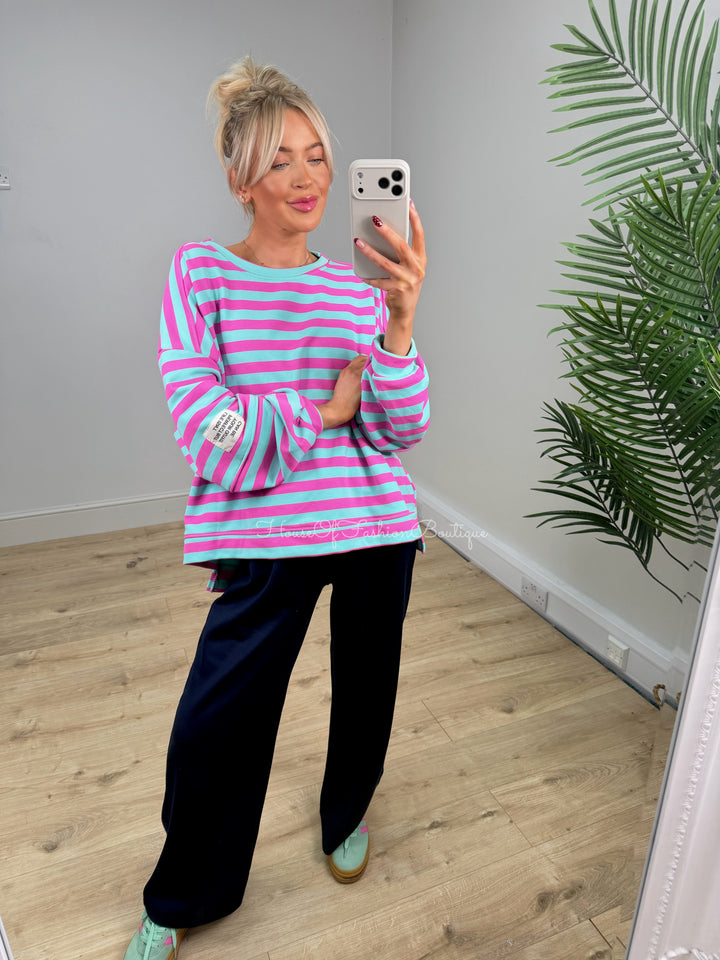 Alexa Slogan Stripey Sweatshirt - Mint & Fuchsia PREORDER
