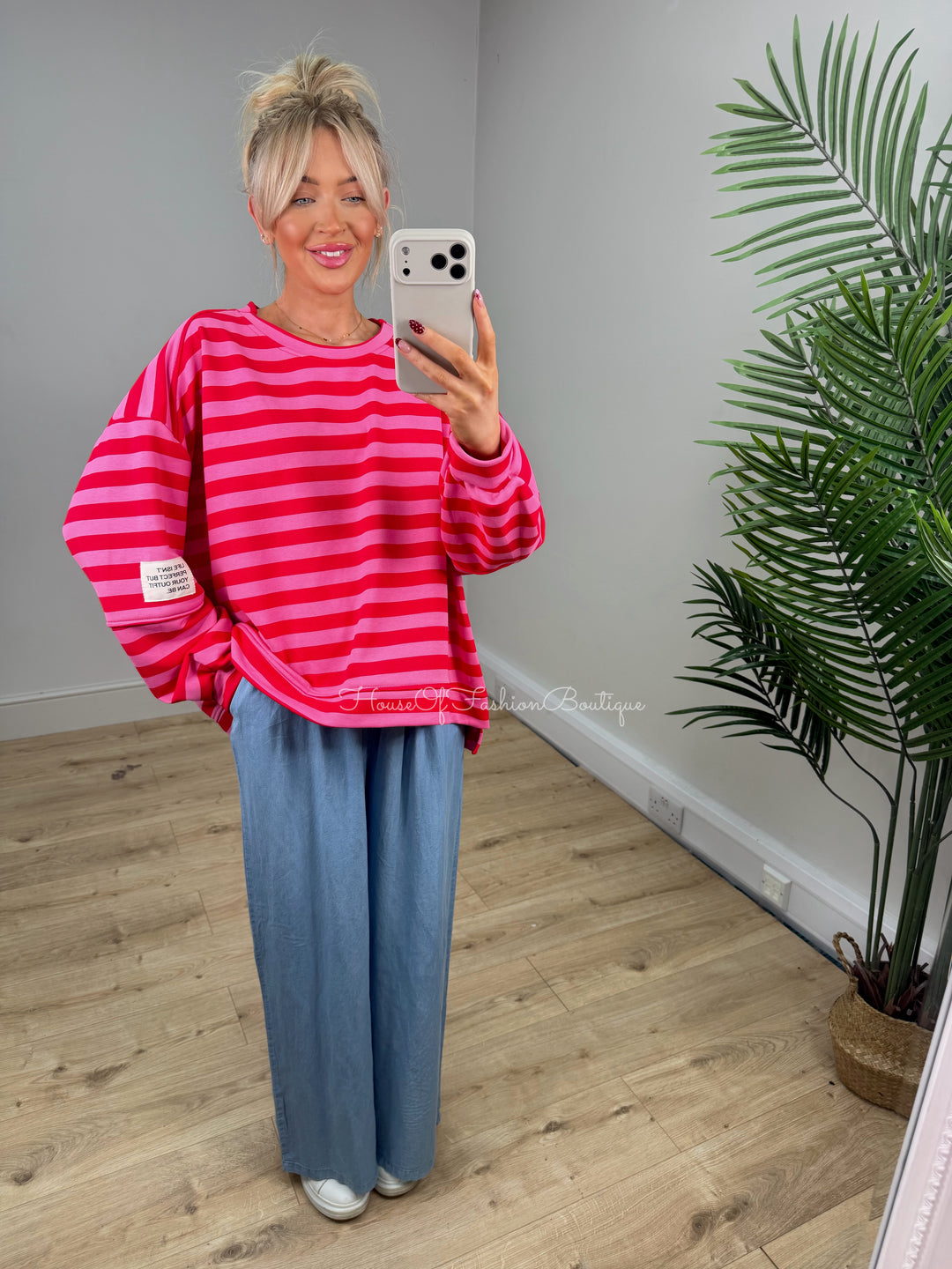 Alexa Slogan Stripey Sweatshirt - Pink & Red PREORDER