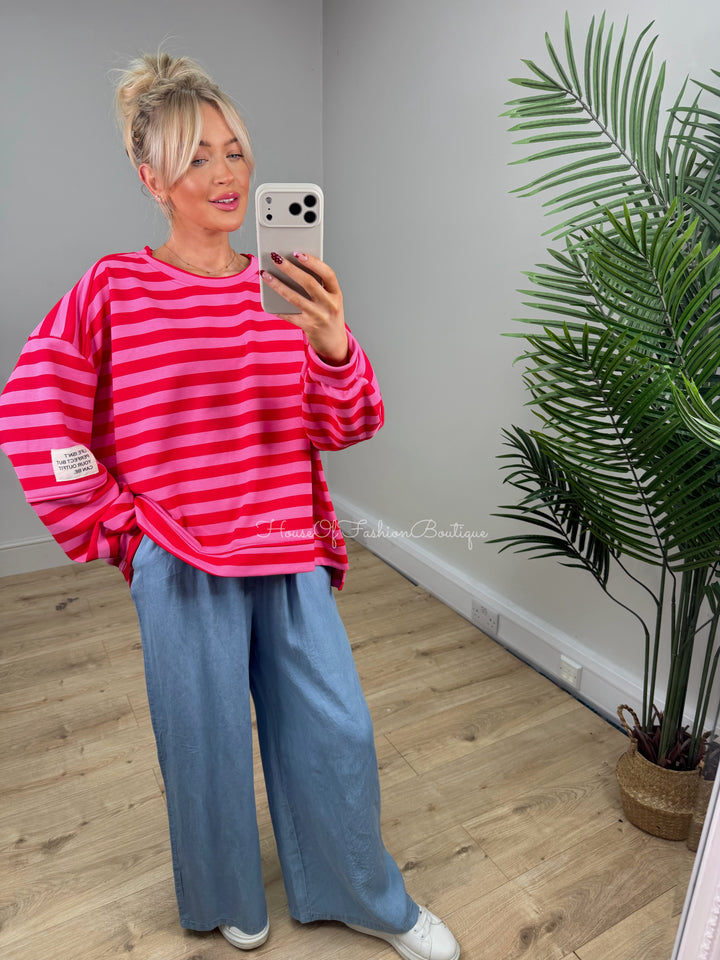 Alexa Slogan Stripey Sweatshirt - Pink & Red PREORDER