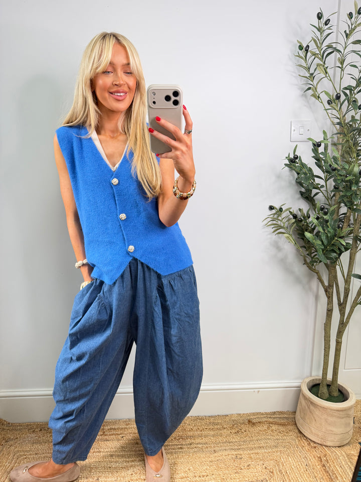 Kara Button Top - Cornflower
