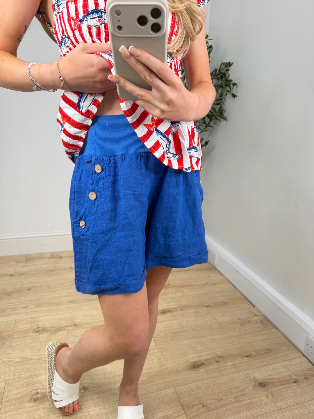 Amelia Linen Button Shorts - Blue