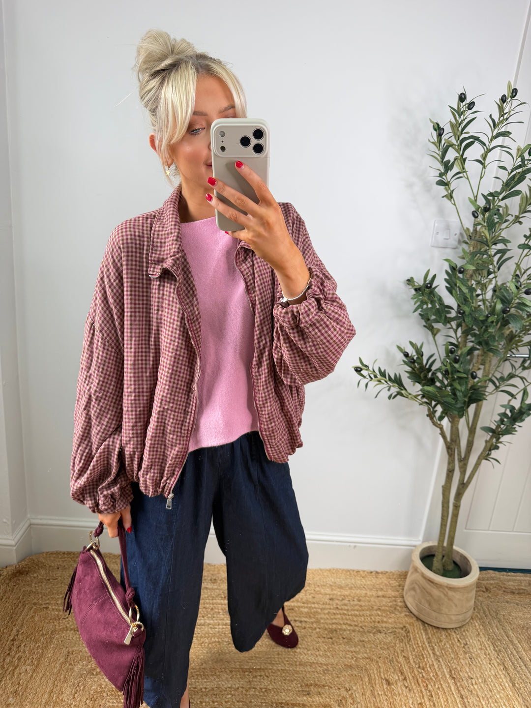 Nicole Check Bomber - Pink & Burgundy