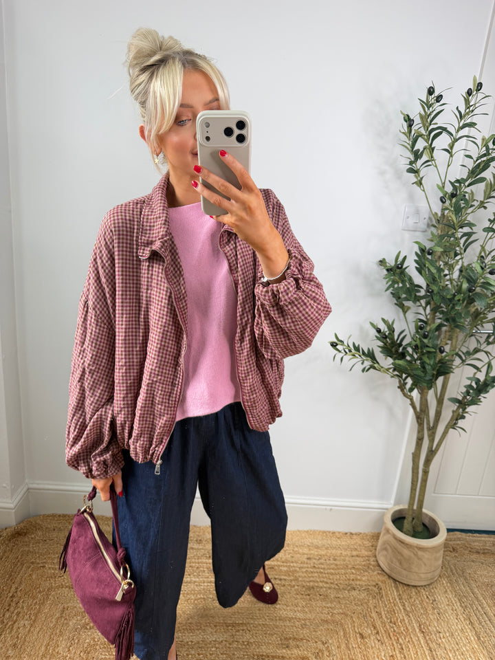 Nicole Check Bomber - Pink & Burgundy
