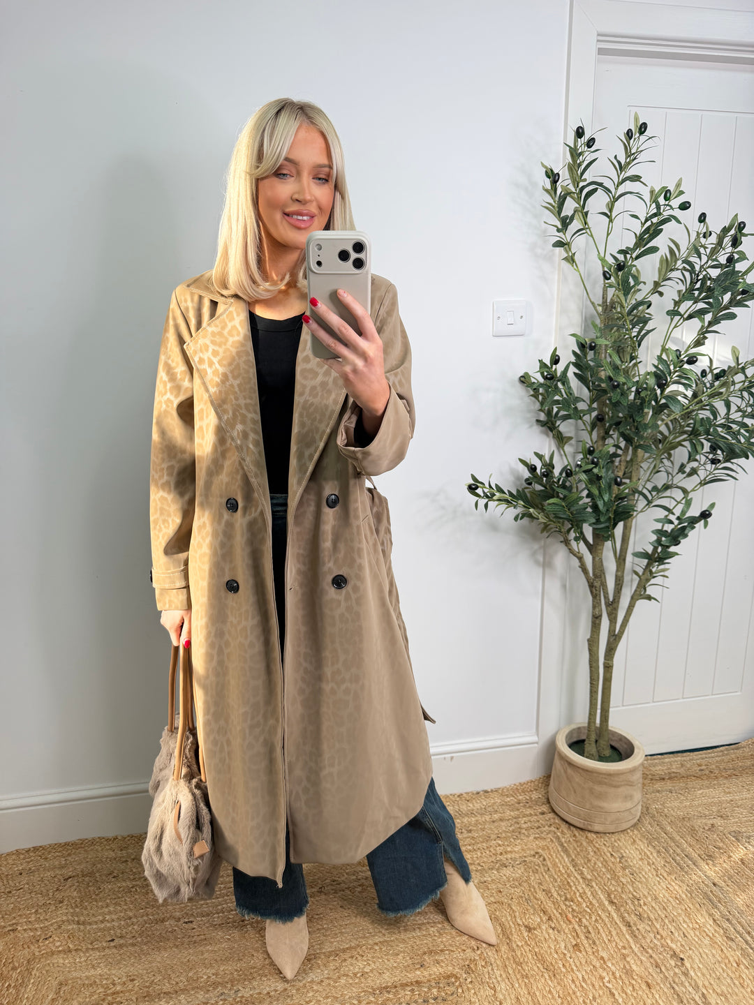 Marsha Leopard Matte Coated Trench - Beige