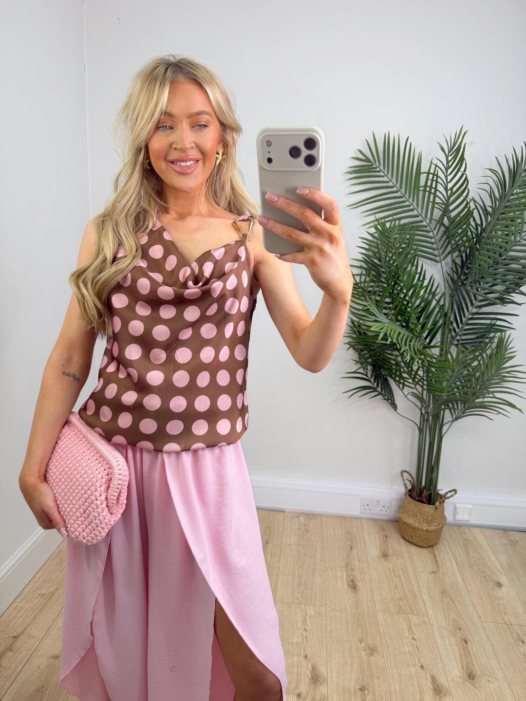 Myla Cowl Neck Top - Chocolate & Pink