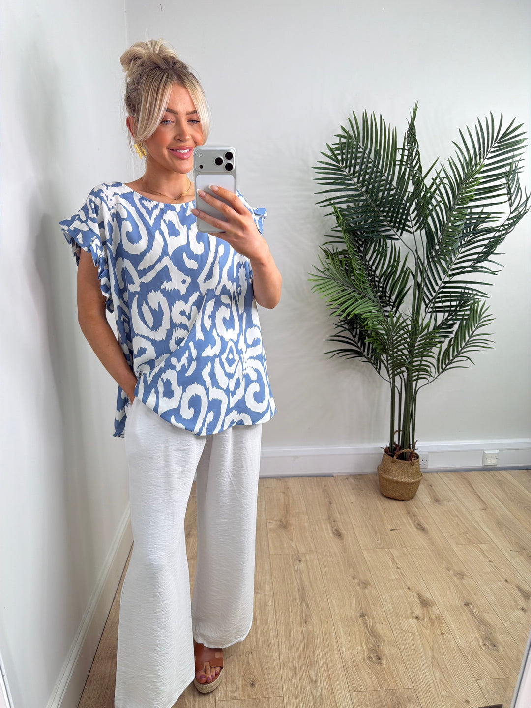 Leopard Frill Sleeve Top - Denim