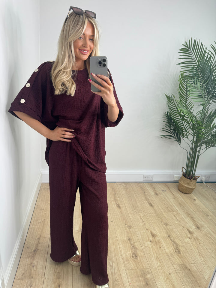 Plisse Gold Button Co-Ord - Burgundy