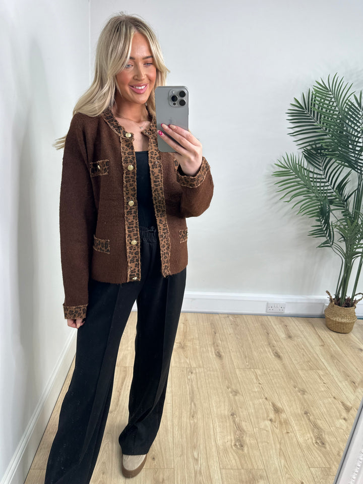 Freya Leopard Trim Jacket - Chocolate