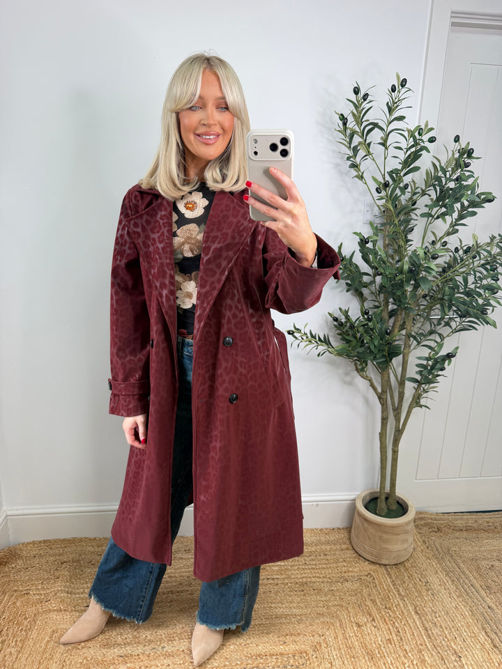 Marsha Leopard Matte Coated Trench - Wine