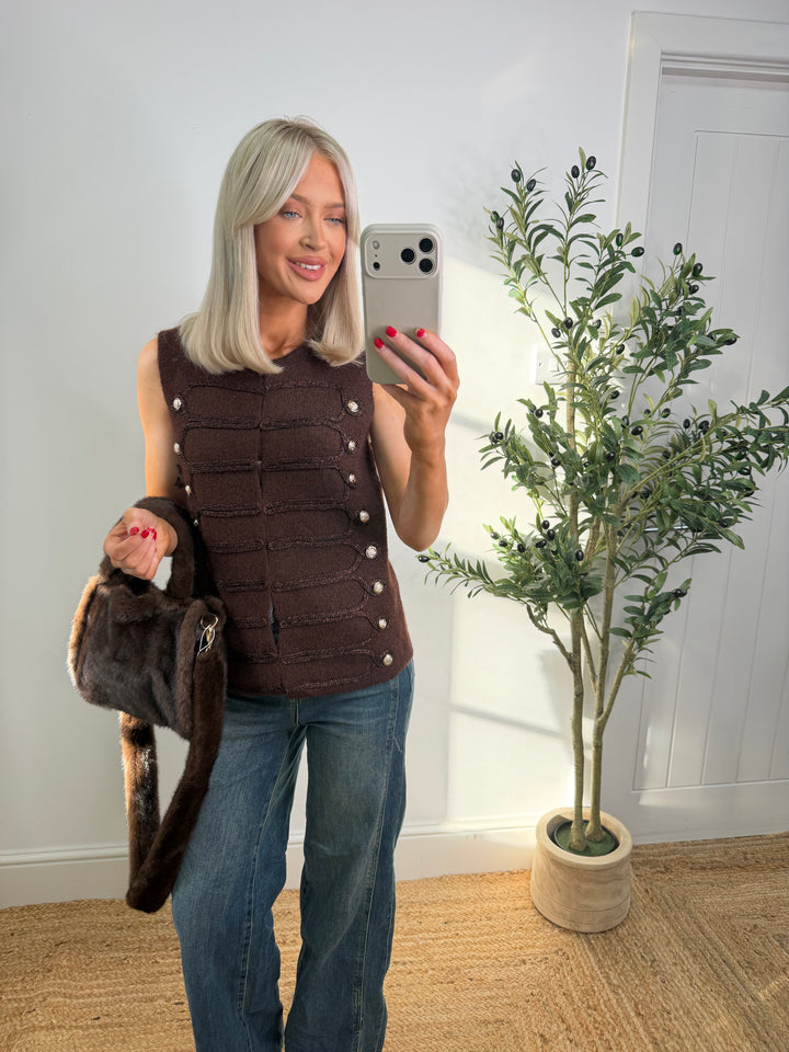Gloria Metallic Military Top - Chocolate