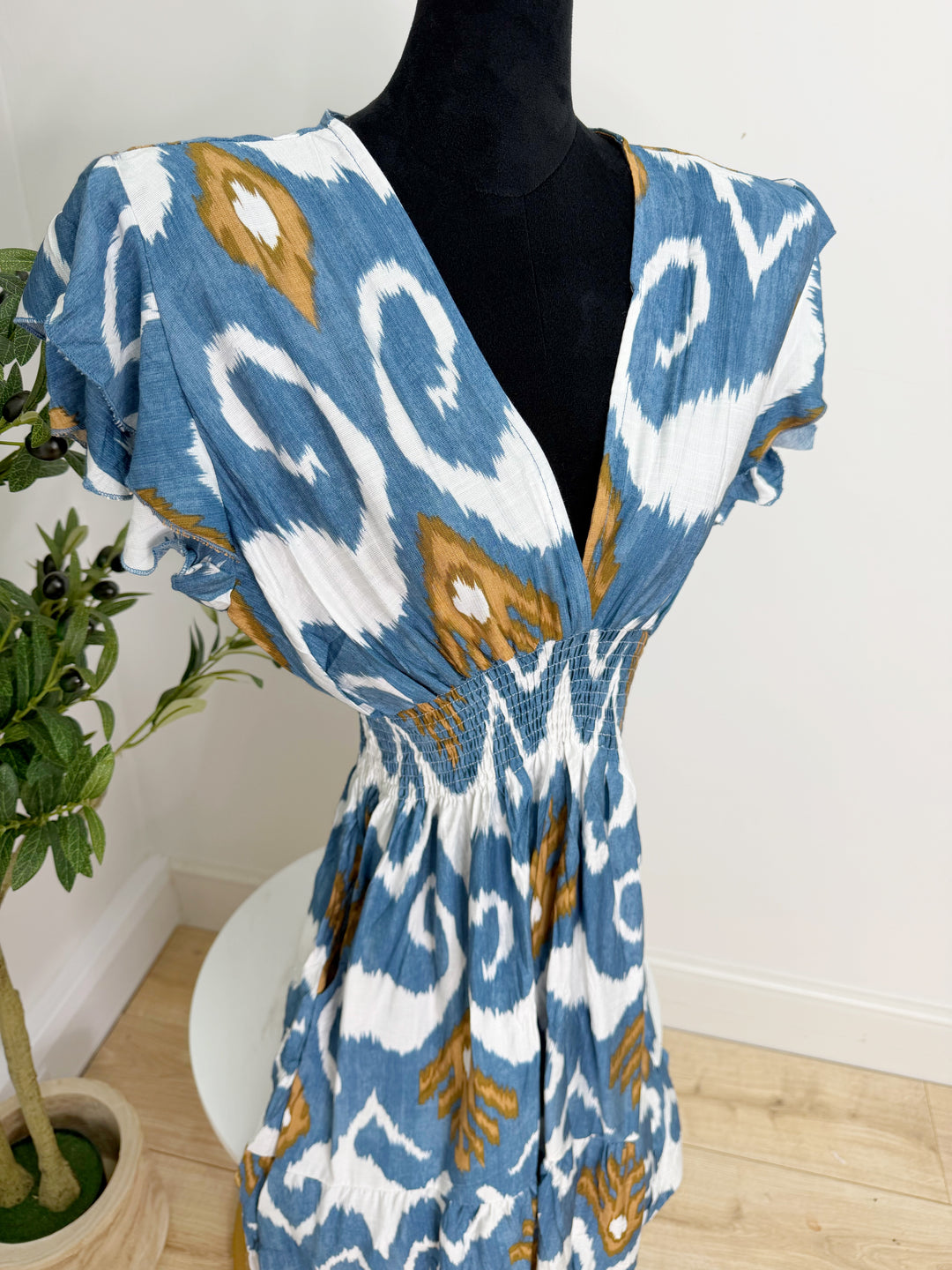 Printed V Neck Dress - Denim Midi