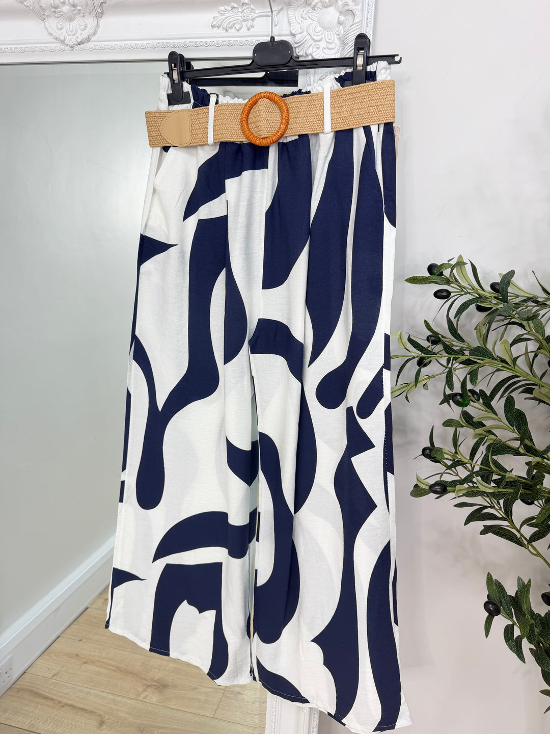 Belted Printed Trousers - Navy