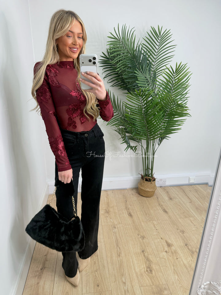 Celia Lace Mesh Top - Wine