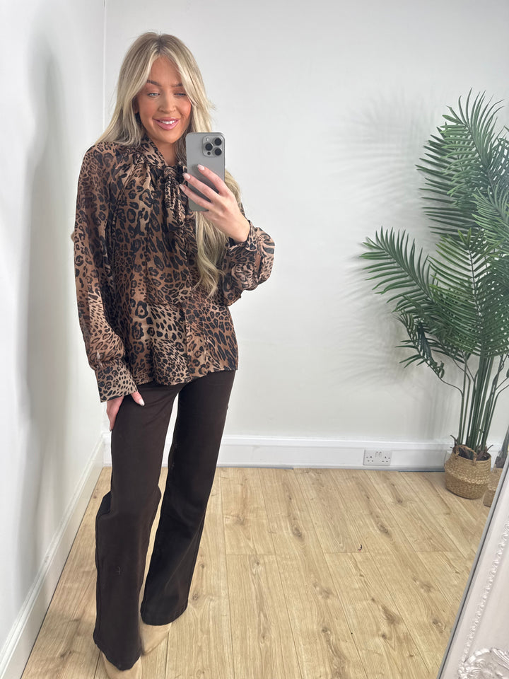 Evie Pussy Bow Blouse - Leopard