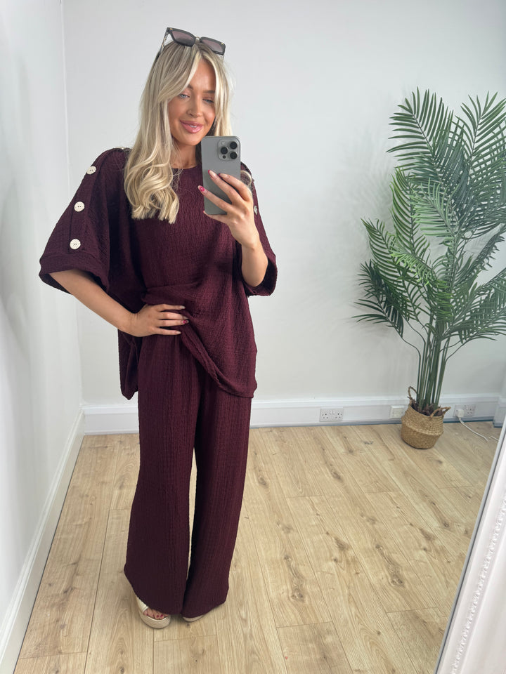 Plisse Gold Button Co-Ord - Burgundy