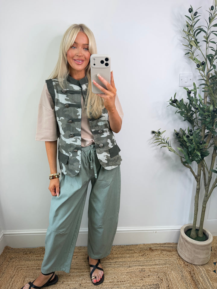 Caroline Camo Denim Waistcoat - Green