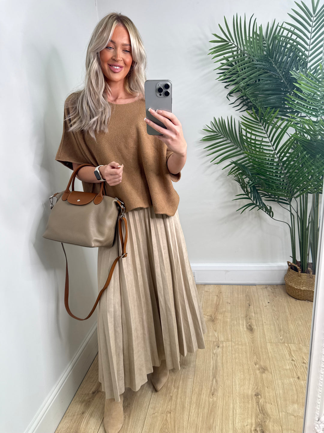 Eden Pleated Suede Skirt - Cream