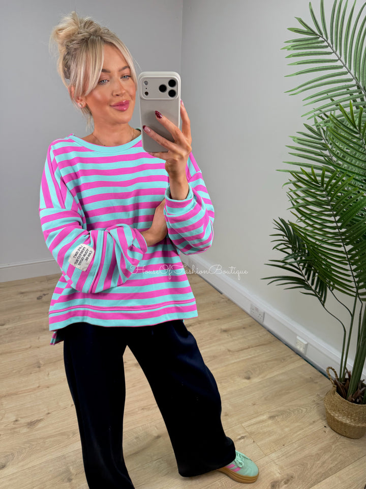 Alexa Slogan Stripey Sweatshirt - Mint & Fuchsia PREORDER