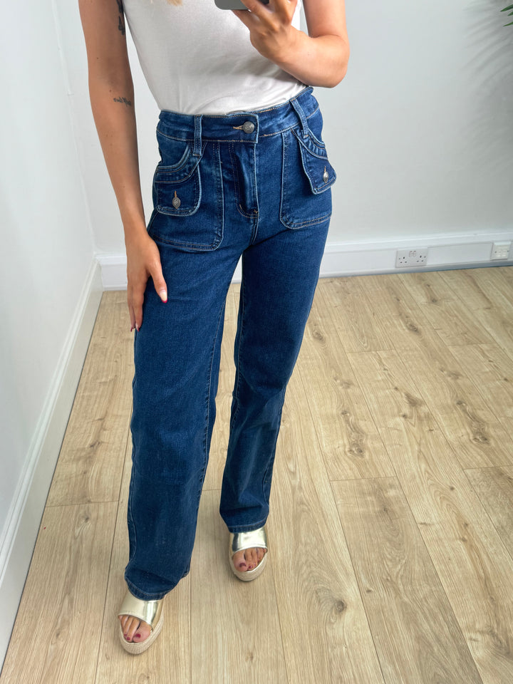 Pocket Straight Leg Jeans - Dark Wash