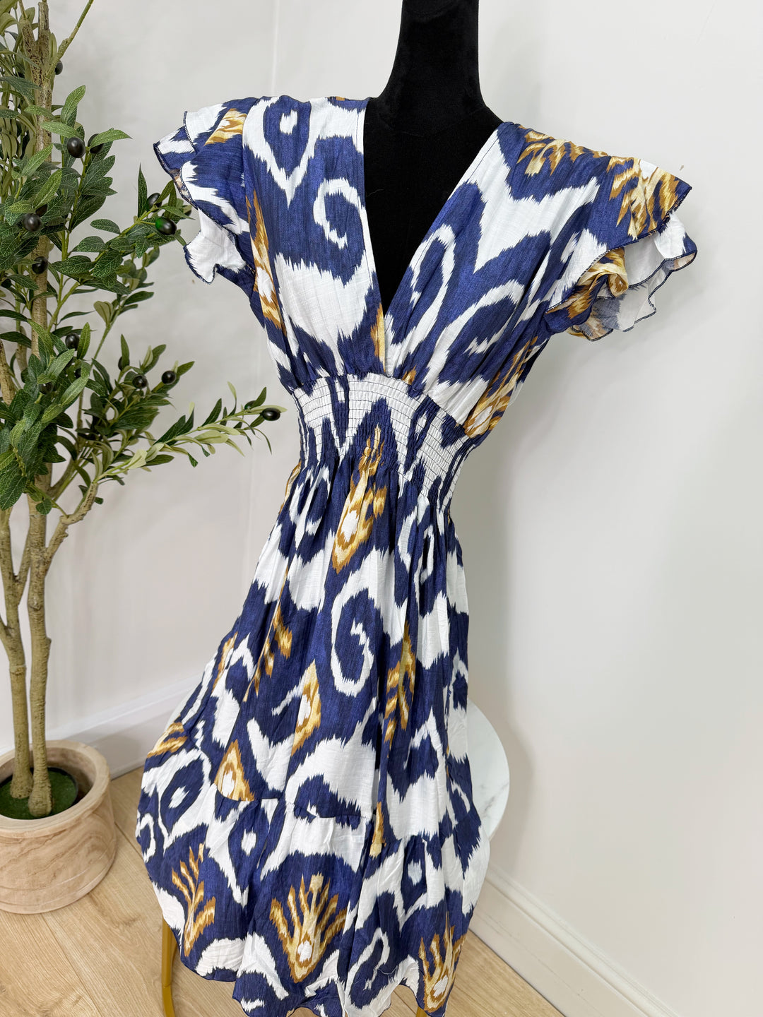 Printed V Neck Dress - Navy Midi