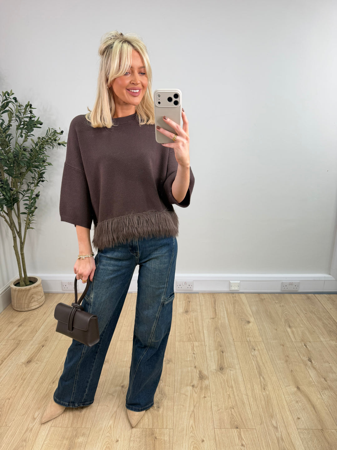 Mia Fur Trim Knit - Chocolate
